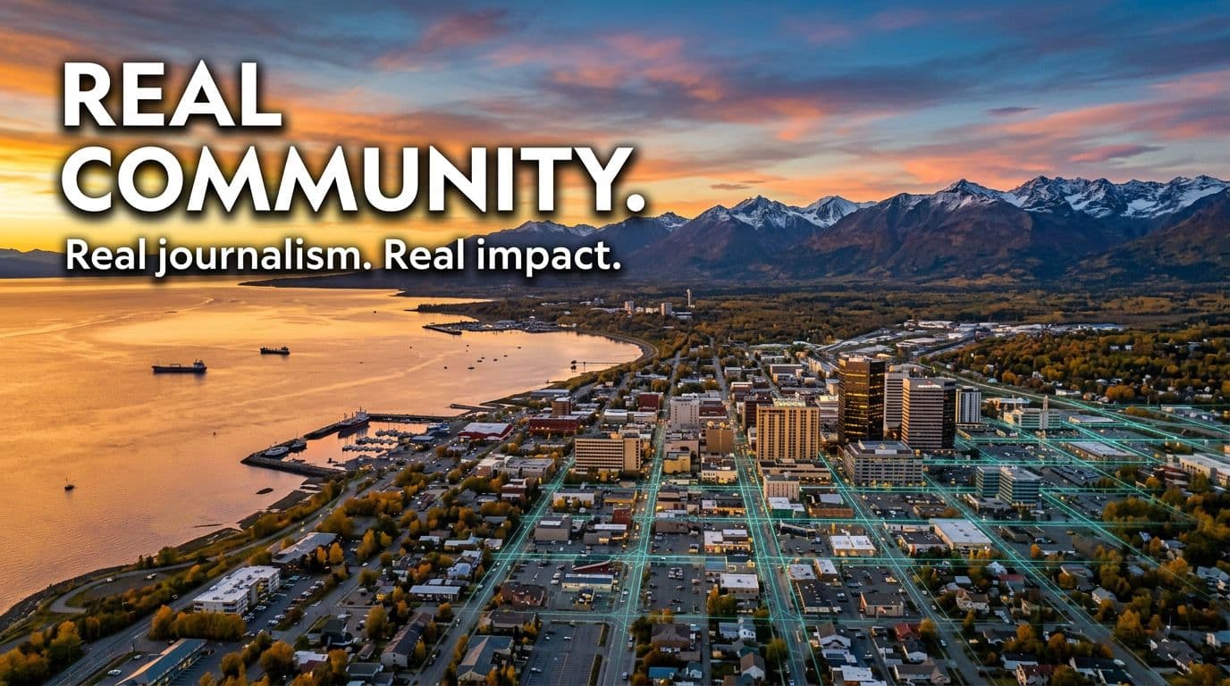 Aerial view of Anchorage, Alaska at golden hour with mountains and Cook Inlet