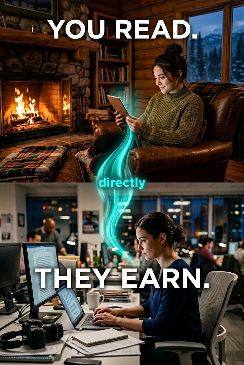 A reader and journalist connected by a glowing stream of light representing credit flow