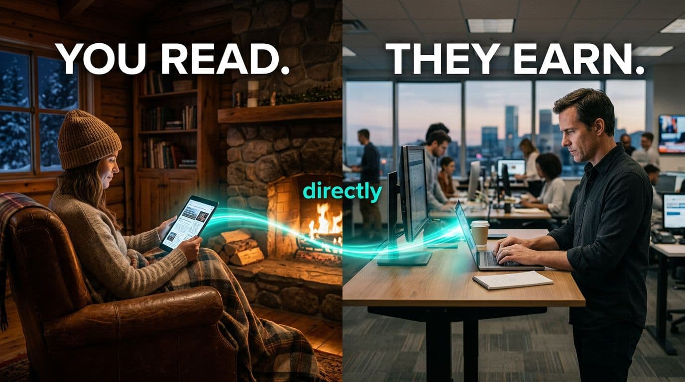 A reader and journalist connected by a glowing stream of light representing credit flow