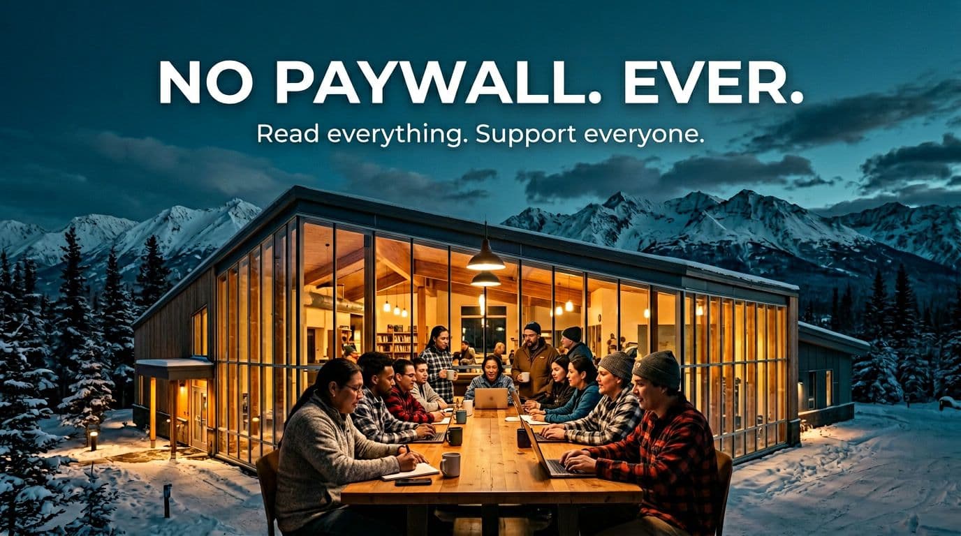 No Paywall. Ever. Read everything. Support everyone. Alaska community members gathered in a modern community center.