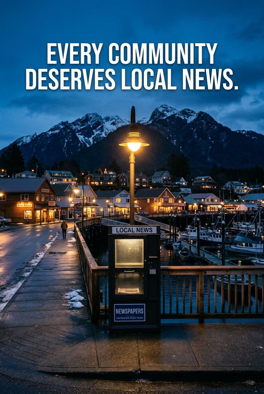 An empty newspaper stand on a small Alaska town street at dusk