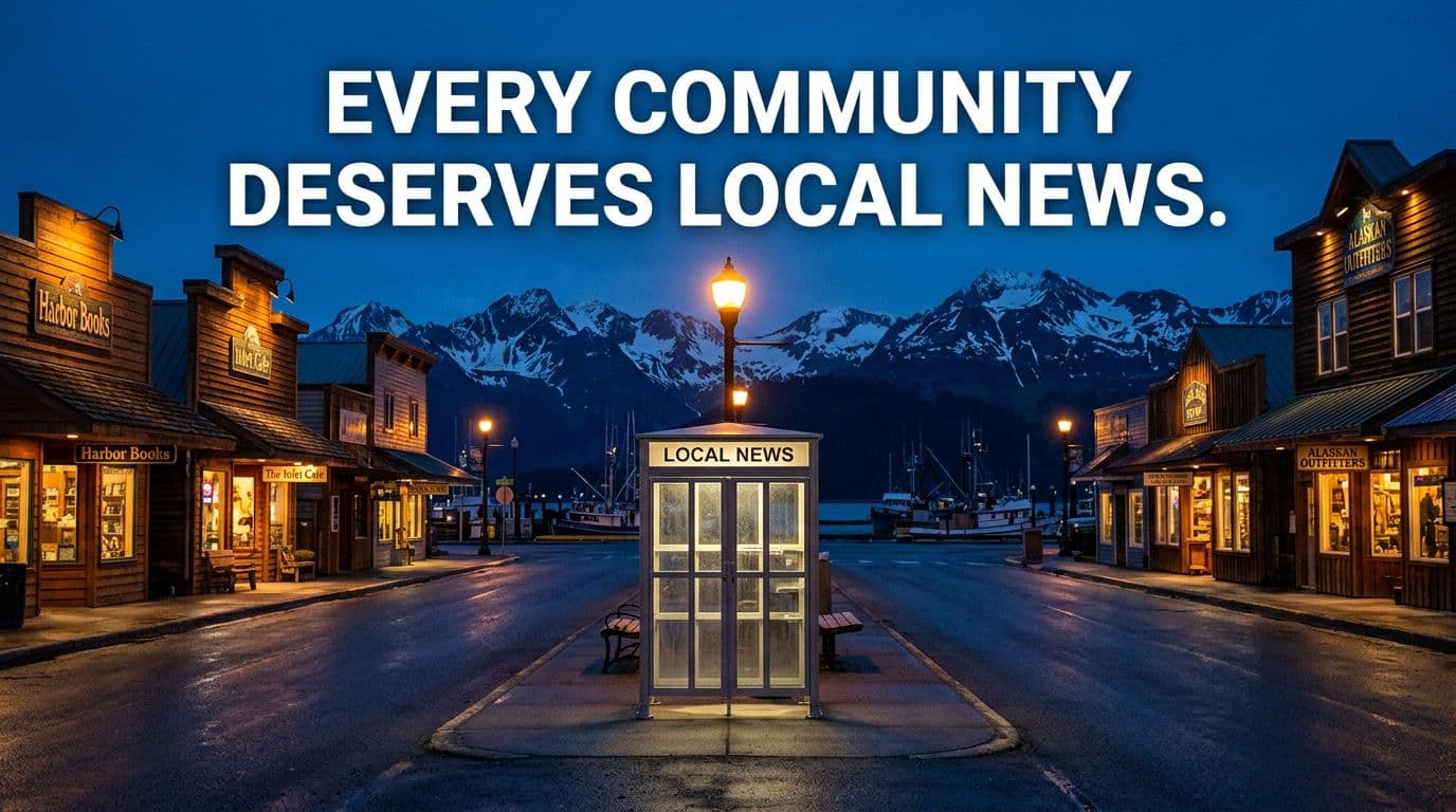An empty newspaper stand on a small Alaska town street at dusk