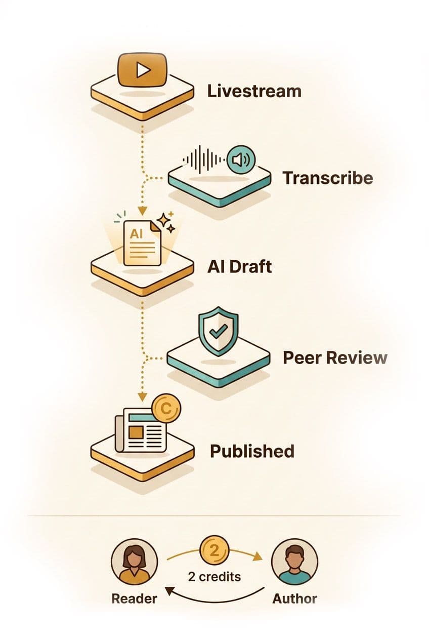 How Community News works: Livestream, Transcribe, AI Draft, Peer Review, Published. Reader pays 2 credits to Author.