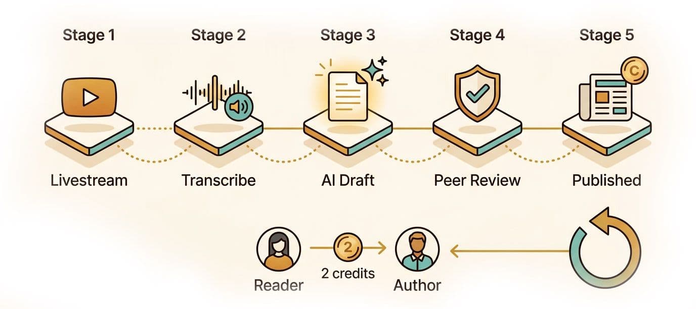 How Community News works: Livestream, Transcribe, AI Draft, Peer Review, Published. Reader pays 2 credits to Author.