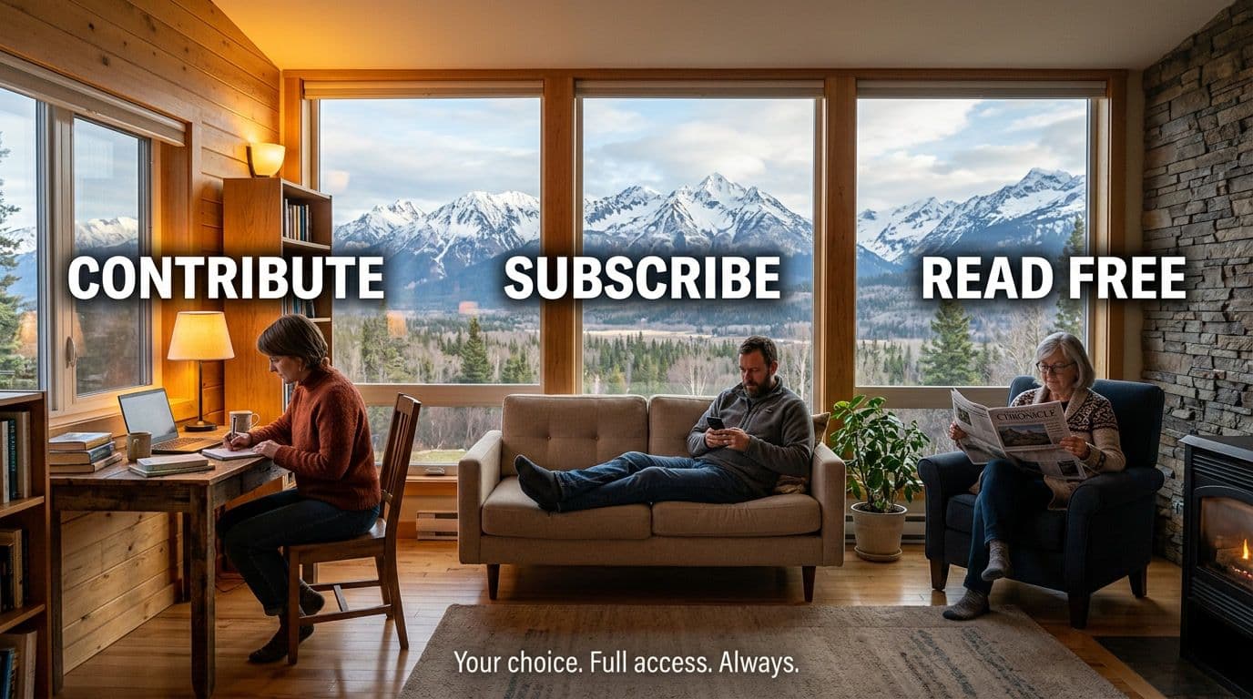 Three people in a modern Alaska living room: one writing, one on phone, one reading a newspaper