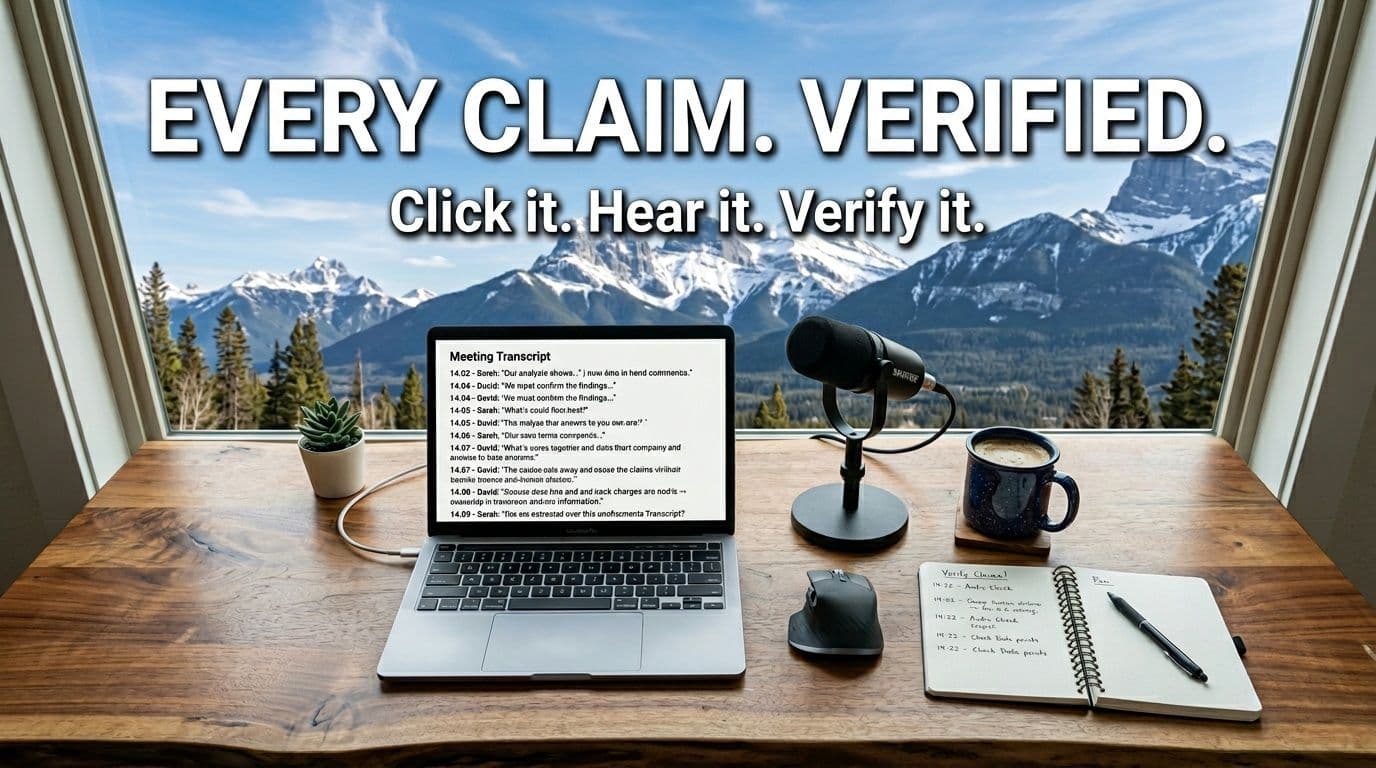 A laptop showing a meeting transcript on a desk with mountains visible through the window