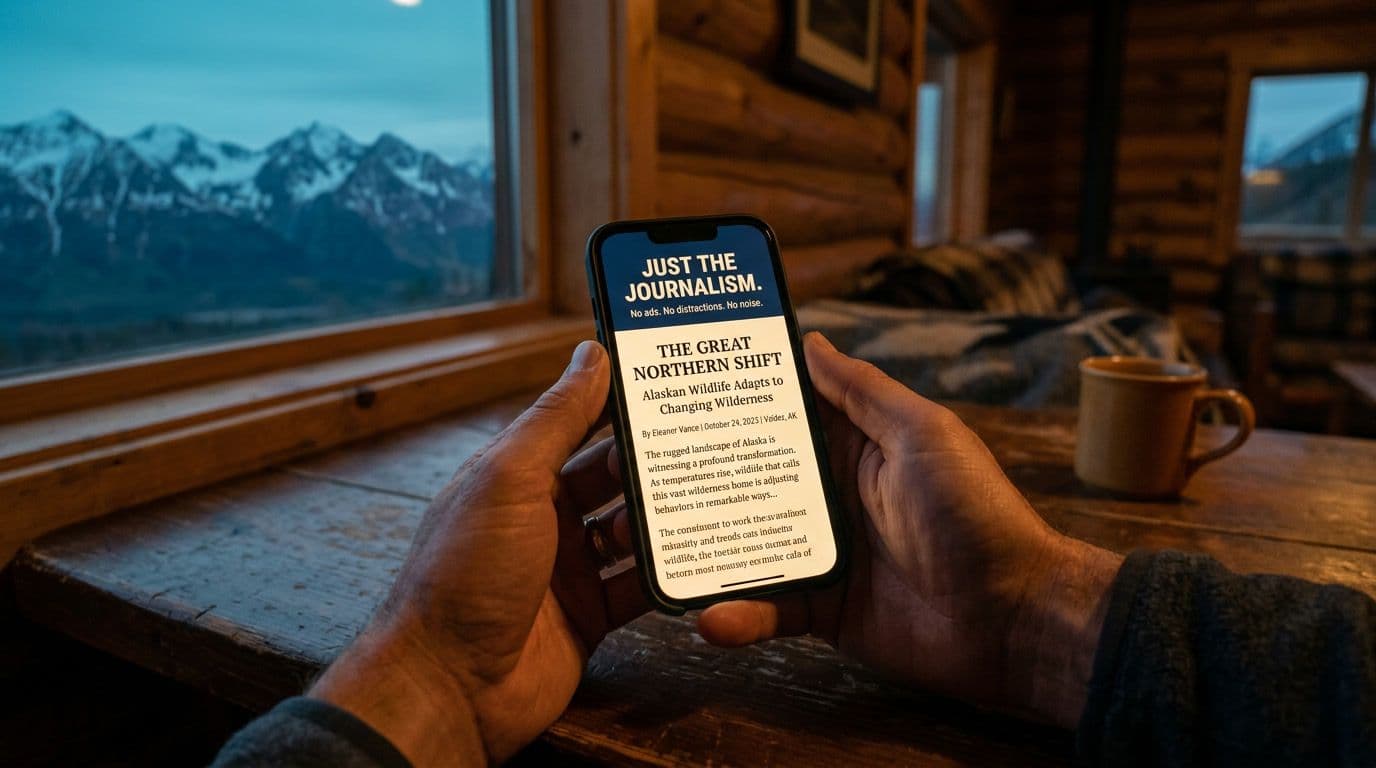 Hands holding a phone showing a clean, ad-free news article