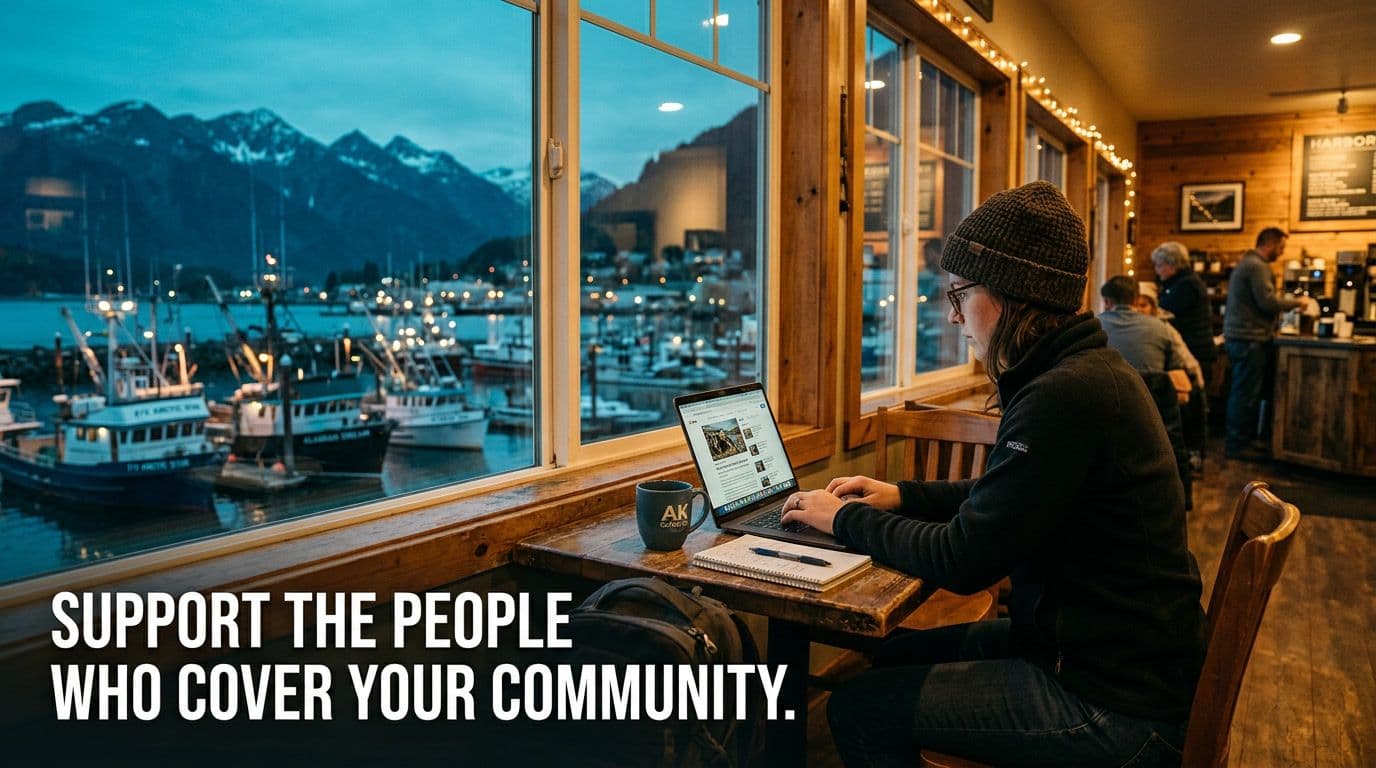 Support the people who cover your community. A journalist working in an Alaska coffee shop overlooking a harbor.